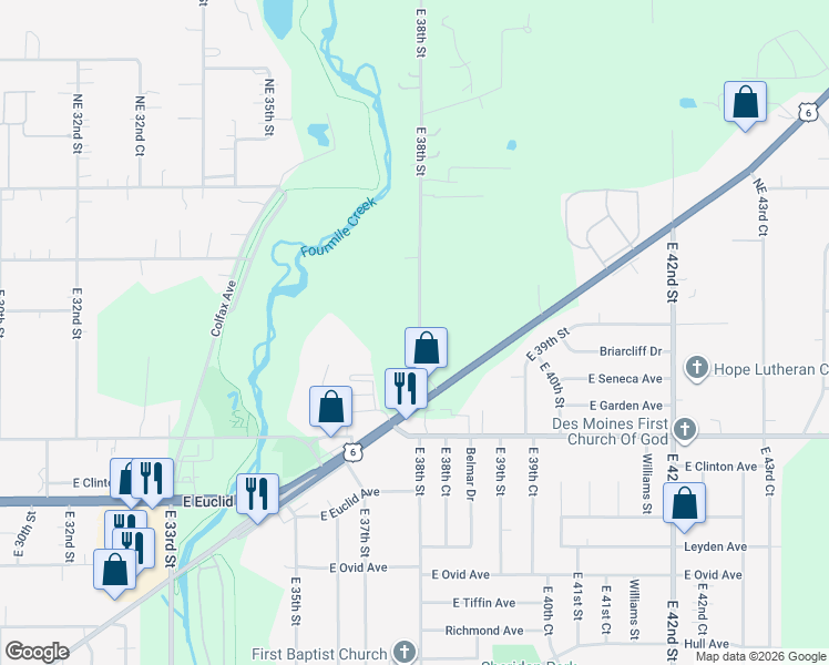 map of restaurants, bars, coffee shops, grocery stores, and more near 3901 East 38th Street in Des Moines