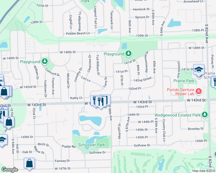 map of restaurants, bars, coffee shops, grocery stores, and more near 14230 88th Avenue in Orland Park