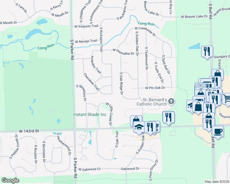 map of restaurants, bars, coffee shops, grocery stores, and more near 14105 South Kickapoo Trail in Homer Glen