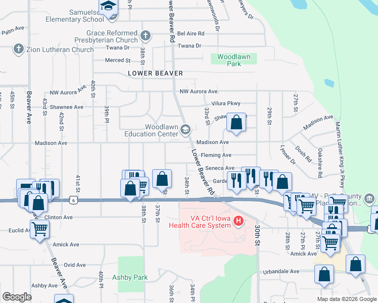 map of restaurants, bars, coffee shops, grocery stores, and more near 3912 Lower Beaver Road in Des Moines