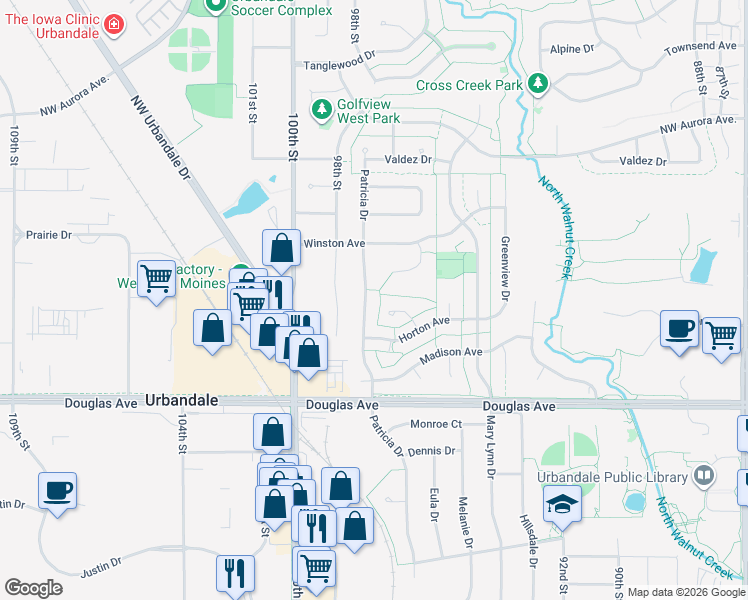 map of restaurants, bars, coffee shops, grocery stores, and more near 3928 Patricia Drive in Urbandale