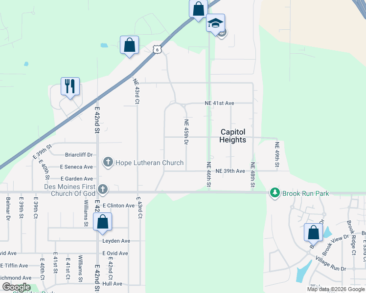 map of restaurants, bars, coffee shops, grocery stores, and more near 3960 Northeast 45th Drive in Des Moines