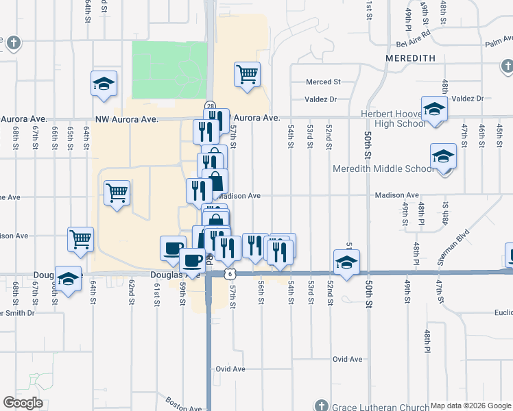 map of restaurants, bars, coffee shops, grocery stores, and more near 3941 56th Street in Des Moines