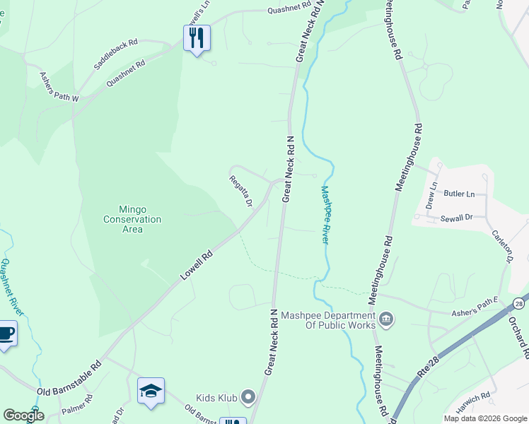 map of restaurants, bars, coffee shops, grocery stores, and more near 69 Regatta Drive in Mashpee
