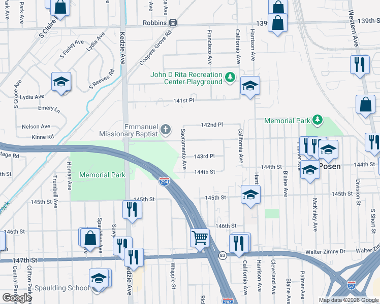 map of restaurants, bars, coffee shops, grocery stores, and more near 2914 143rd Place in Blue Island