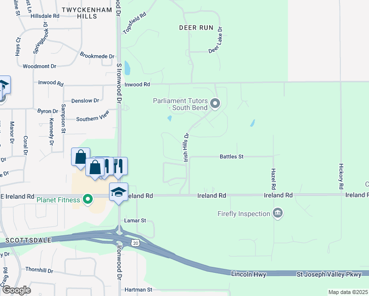 map of restaurants, bars, coffee shops, grocery stores, and more near 5460 Irish Hills Drive in South Bend