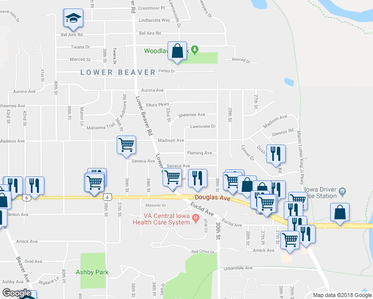 map of restaurants, bars, coffee shops, grocery stores, and more near 3127 Fleming Avenue in Des Moines