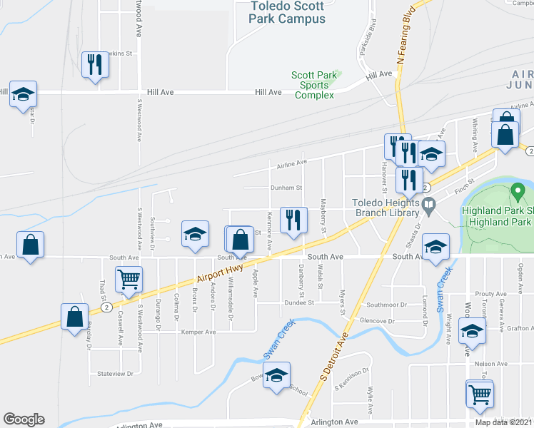 map of restaurants, bars, coffee shops, grocery stores, and more near 2301 Dana Street in Toledo