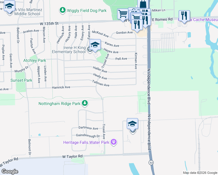map of restaurants, bars, coffee shops, grocery stores, and more near 233 Tallman Avenue in Romeoville