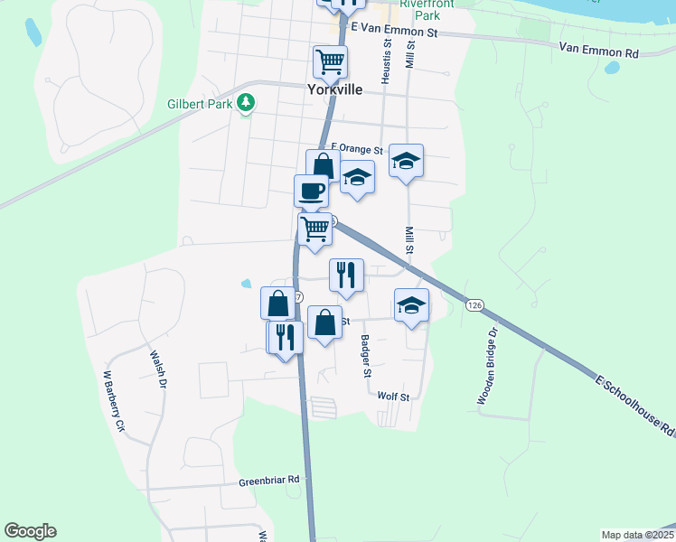map of restaurants, bars, coffee shops, grocery stores, and more near 107 Colonial Parkway in Yorkville