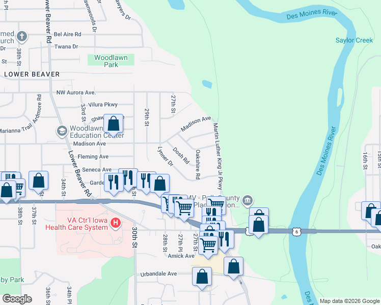 map of restaurants, bars, coffee shops, grocery stores, and more near 2604 Sherwood Drive in Des Moines