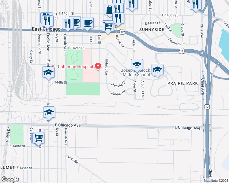 map of restaurants, bars, coffee shops, grocery stores, and more near 2112 Purdue Drive in East Chicago