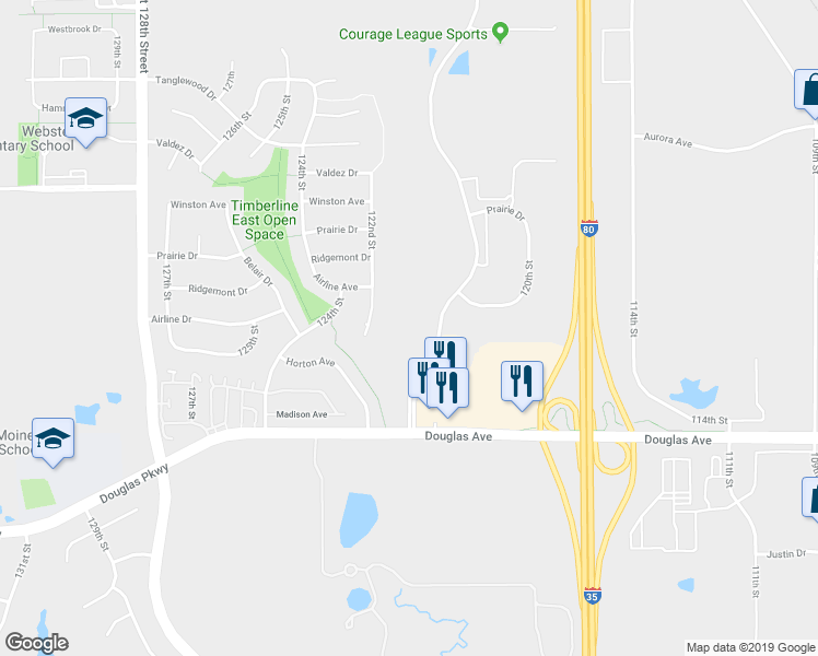 map of restaurants, bars, coffee shops, grocery stores, and more near 3900 121st Street in Urbandale