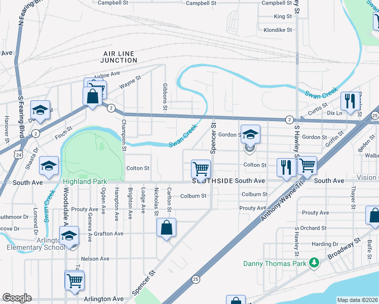 map of restaurants, bars, coffee shops, grocery stores, and more near 1463 Walbridge Avenue in Toledo