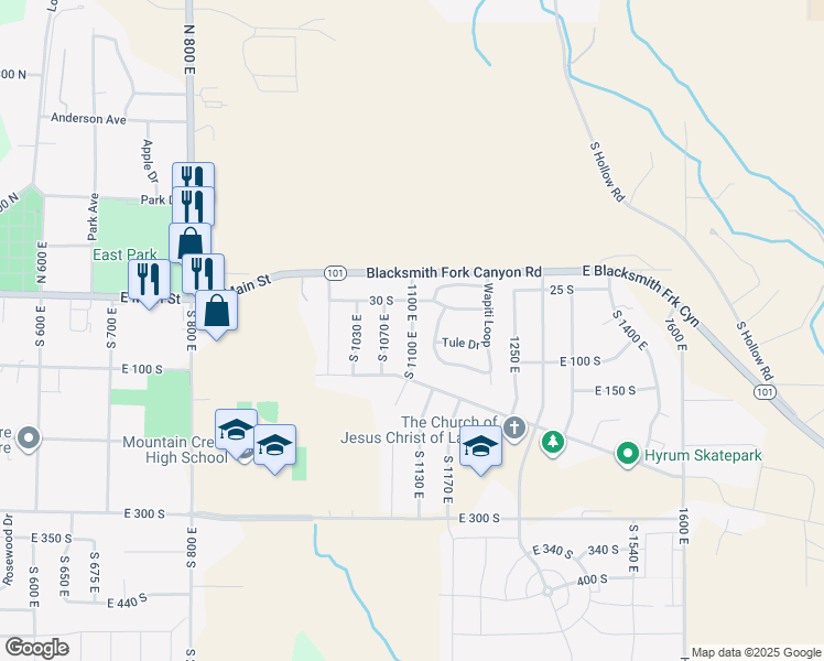 map of restaurants, bars, coffee shops, grocery stores, and more near 676 East 1100 South in Hyrum