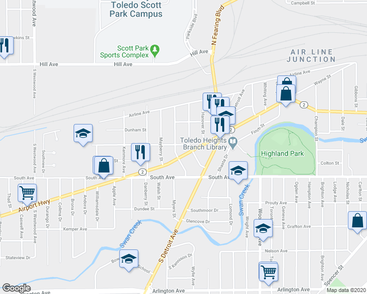 map of restaurants, bars, coffee shops, grocery stores, and more near 2037 Dana Street in Toledo