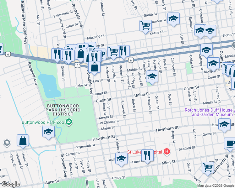 map of restaurants, bars, coffee shops, grocery stores, and more near 119 Rounds Street in New Bedford