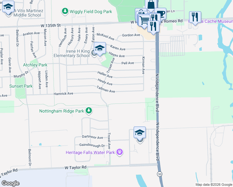 map of restaurants, bars, coffee shops, grocery stores, and more near 233 Tallman Avenue in Romeoville