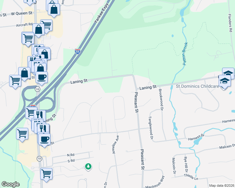 map of restaurants, bars, coffee shops, grocery stores, and more near 147 Woodberry Hill Drive in Southington