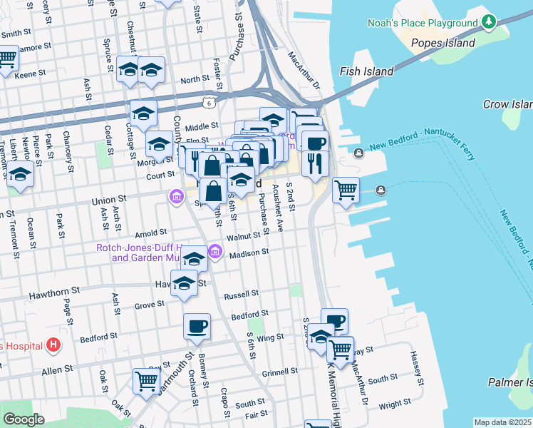 map of restaurants, bars, coffee shops, grocery stores, and more near 436-444 Pleasant Street in New Bedford