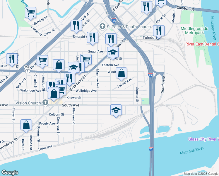 map of restaurants, bars, coffee shops, grocery stores, and more near 404 Walbridge Avenue in Toledo