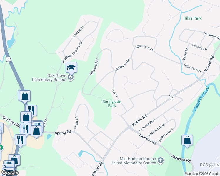 map of restaurants, bars, coffee shops, grocery stores, and more near 25 Lori Street in Poughkeepsie