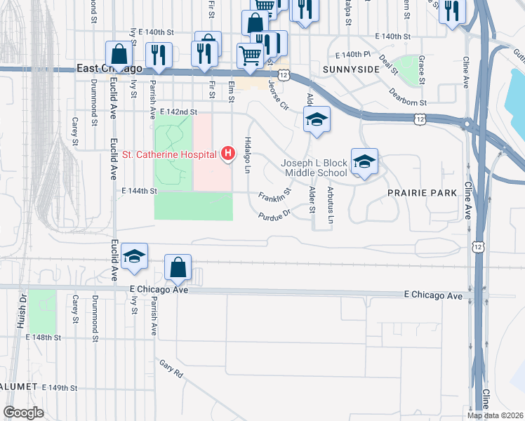 map of restaurants, bars, coffee shops, grocery stores, and more near 2112 Purdue Drive in East Chicago