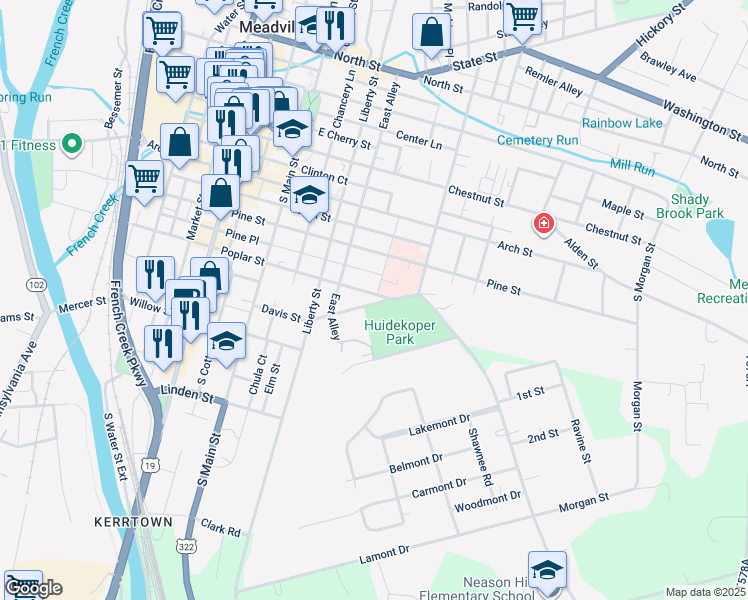 map of restaurants, bars, coffee shops, grocery stores, and more near in Meadville