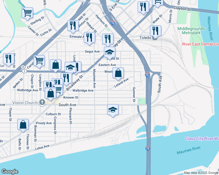 map of restaurants, bars, coffee shops, grocery stores, and more near 404 Walbridge Avenue in Toledo