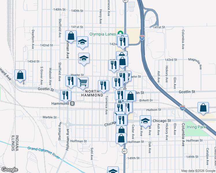 map of restaurants, bars, coffee shops, grocery stores, and more near in Hammond