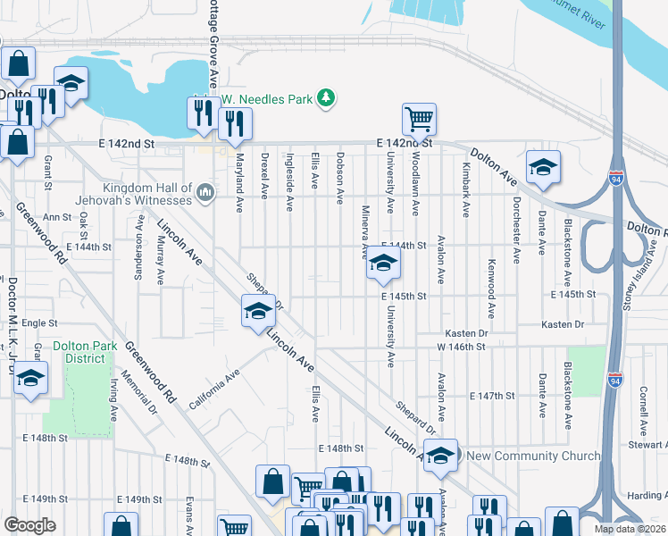 map of restaurants, bars, coffee shops, grocery stores, and more near 14429 Ellis Avenue in Dolton