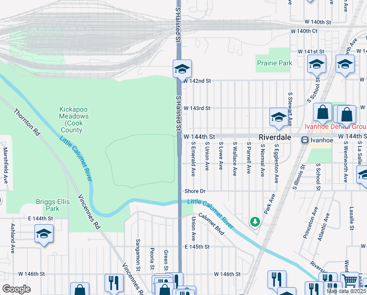 map of restaurants, bars, coffee shops, grocery stores, and more near 14422 South Emerald Avenue in Chicago