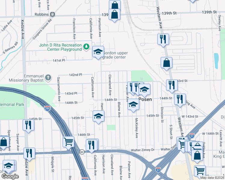 map of restaurants, bars, coffee shops, grocery stores, and more near 14328 Blaine Avenue in Posen
