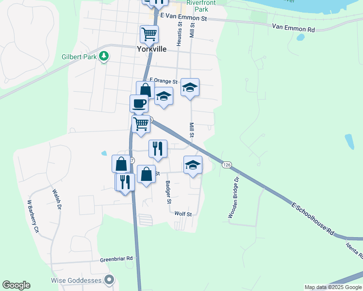 map of restaurants, bars, coffee shops, grocery stores, and more near 122 Colonial Parkway in Yorkville