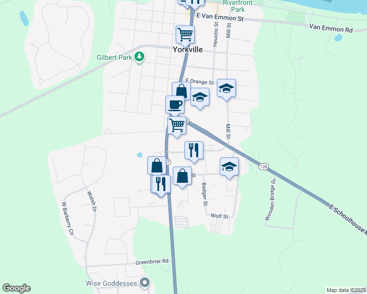 map of restaurants, bars, coffee shops, grocery stores, and more near 105 Colonial Parkway in Yorkville