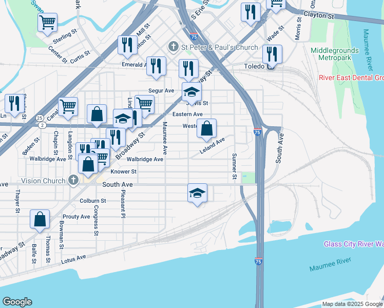 map of restaurants, bars, coffee shops, grocery stores, and more near 348 Leland Avenue in Toledo