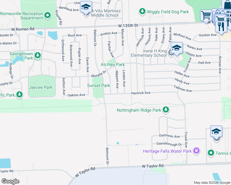 map of restaurants, bars, coffee shops, grocery stores, and more near 613 Hamrick Avenue in Romeoville