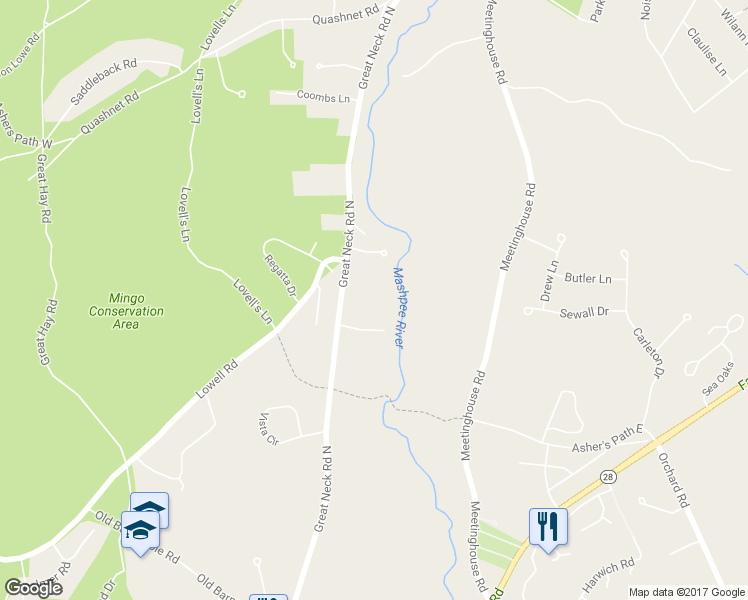 map of restaurants, bars, coffee shops, grocery stores, and more near 312 Great Neck Road North in Mashpee
