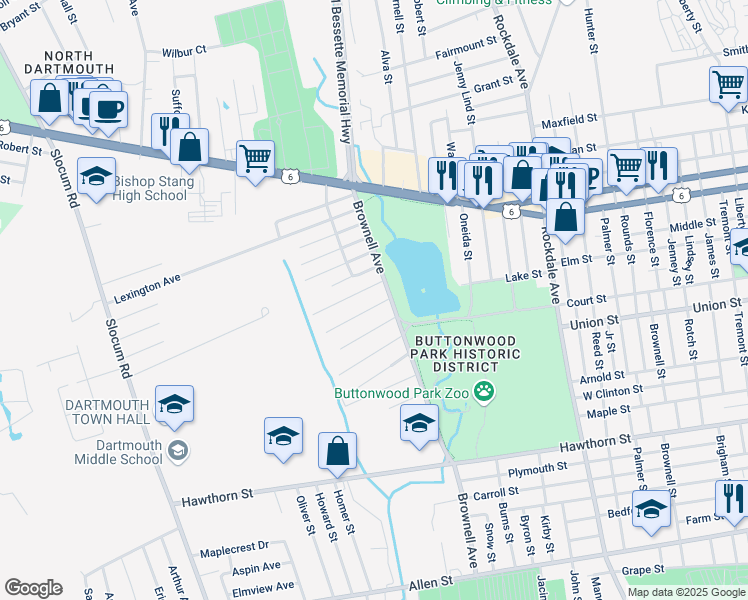 map of restaurants, bars, coffee shops, grocery stores, and more near 325 Brownell Avenue in New Bedford