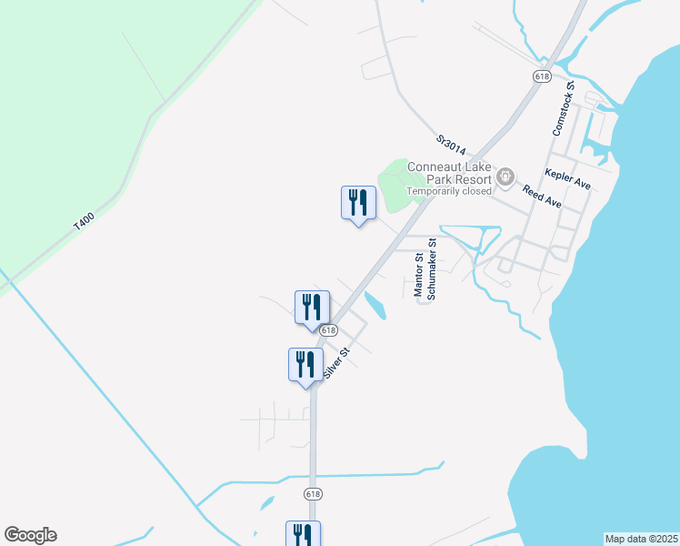 map of restaurants, bars, coffee shops, grocery stores, and more near 10300-10390 Charlotte Avenue in Conneaut Lake