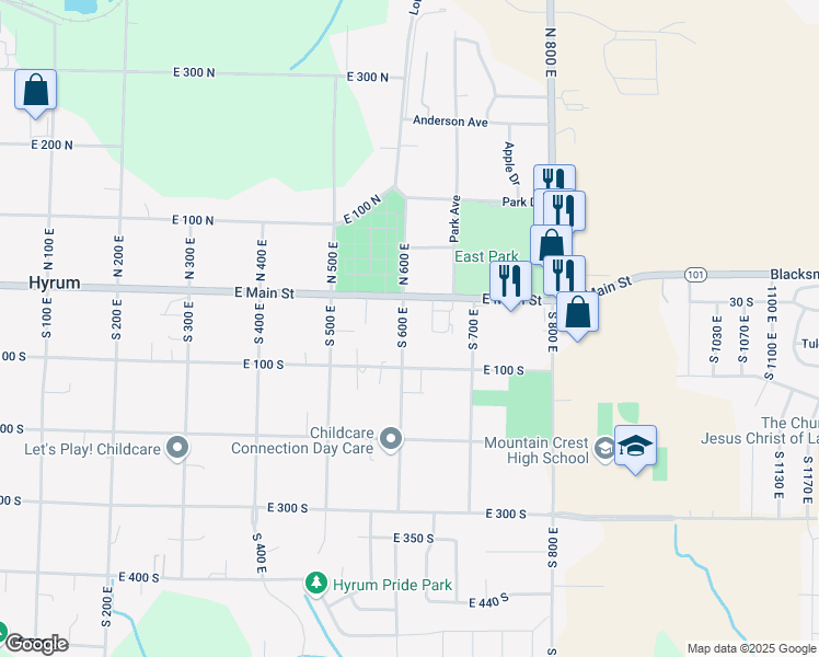 map of restaurants, bars, coffee shops, grocery stores, and more near 47 South 600 East in Hyrum