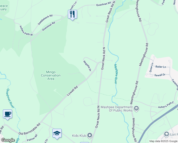 map of restaurants, bars, coffee shops, grocery stores, and more near 69 Regatta Drive in Mashpee