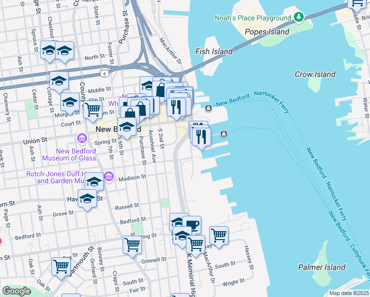 map of restaurants, bars, coffee shops, grocery stores, and more near 144 South Water Street in New Bedford