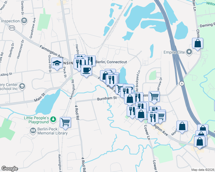 map of restaurants, bars, coffee shops, grocery stores, and more near 928 Farmington Avenue in Berlin