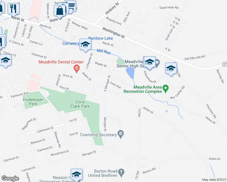 map of restaurants, bars, coffee shops, grocery stores, and more near 763 Alden Street in Meadville