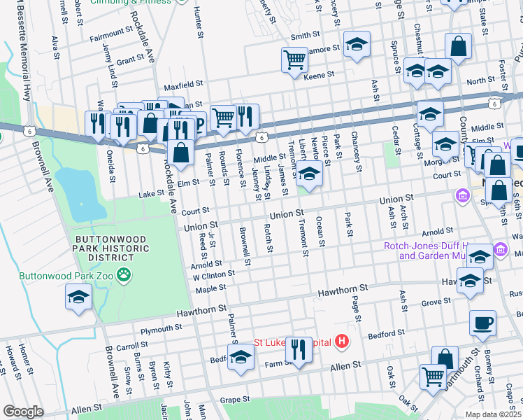 map of restaurants, bars, coffee shops, grocery stores, and more near 568 Union Street in New Bedford