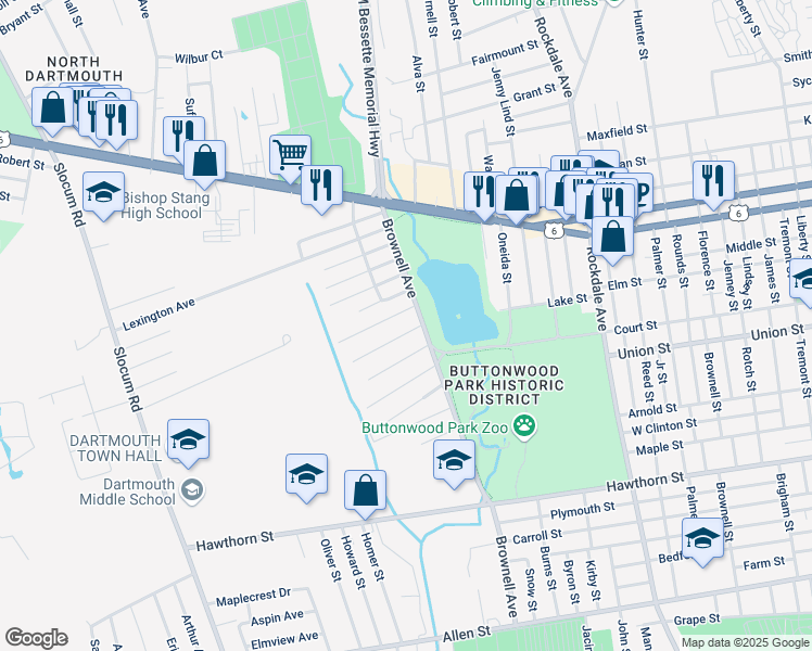 map of restaurants, bars, coffee shops, grocery stores, and more near 325 Brownell Avenue in New Bedford