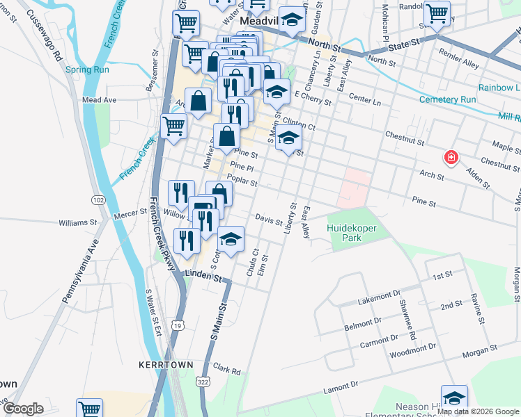 map of restaurants, bars, coffee shops, grocery stores, and more near 44007 Davis Street in Meadville