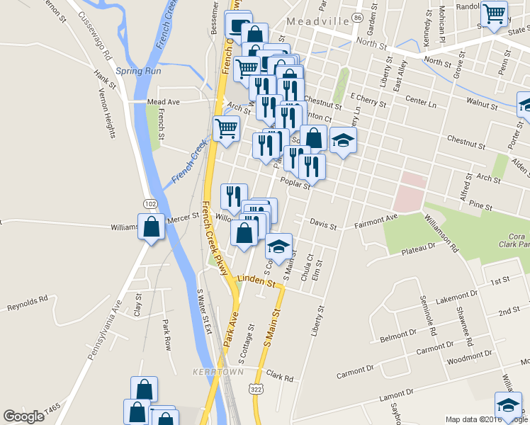 map of restaurants, bars, coffee shops, grocery stores, and more near 1132 South Cottage Street in Meadville