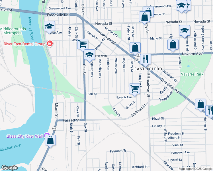 map of restaurants, bars, coffee shops, grocery stores, and more near 957 Butler Street in Toledo